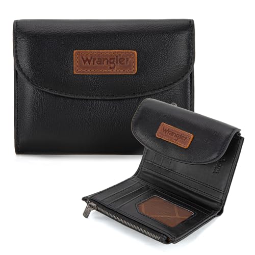 Montana West X Wrangler Small Black Wallet for Women Trifold RFID Wallets, Card Cases & Money Organizers Ladies Female Minimalist Clutch Wallets Womens Wallet for Cash and Cards
