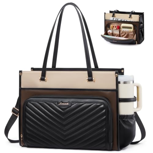 Image of LOVEVOOK Quilted PU Leather Teacher Tote Laptop Bag Work Purse for Women | Large Cup Holder, Professional Waterproof Handbag Briefcase, Gifts for Business Office Nurse Mom College Travel Daily Leiure