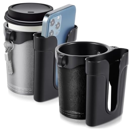 Neer 2 Pcs 3 in 1 Bike Cup Holder with Cell Phone Keys Holder Handlebar Cruiser Bike Water Bottle Holder Universal Stroller Cup Holder for Bicycle Motorcycle Scooter Boat (Black, Grey)