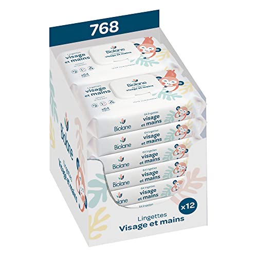 BIOLANE - Lot de 12 paquets - 768 lingettes (12x64) Lingettes bébé visage et mains - Peaux Sensibles - 97 % d'ingrédients naturels