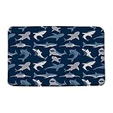 GCTNBJL Shark Bath Mat Navy Blue Ocean Animal Shark Open The Mouth Danger Humor Fish Sea Marine NauticalBathroom Kitchen Memory Foam Rug,17.8x29.5 Inch