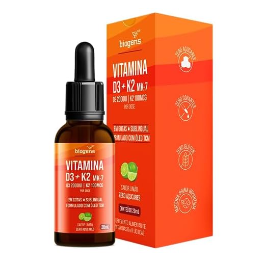 Vitamina D3 + K2 MK-7, em Gotas, Sublingual, D3 2000UI | K2 100mcg, sabor limão, 20ml, Biogens