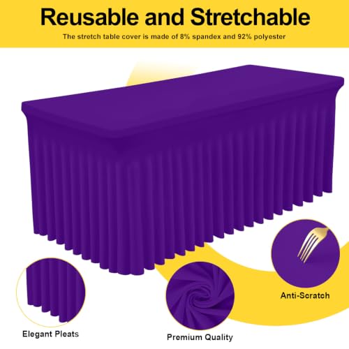Image of Smiry Spandex Elastic Fitted Table Cloth Skirt for 4FT Rectangle Table | Stretch Washable Table Cloth, Banquet Table Cover for Wedding, Party, Indoor & Trade Shows, (Purple, 48Lx30Wx30H)