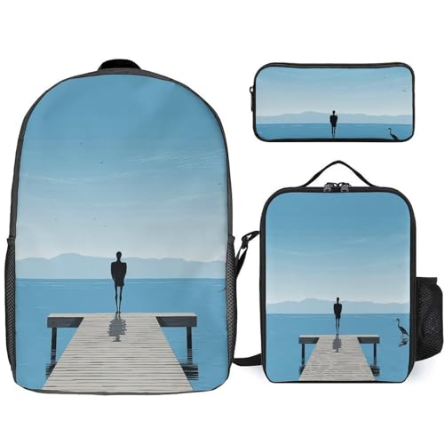 3 Piece Backpack for Women Men Lightweight Causal Daypack Shoulder Bag Set with Insulated Lunch Bag And Pencil Case Organizers Lonely Back