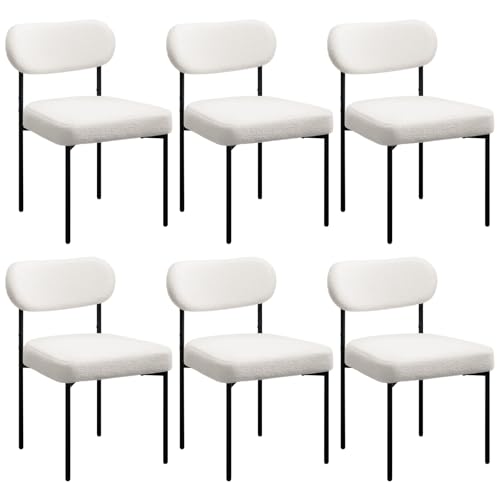 HOMMPA Dining Chairs Set of 6 Boucle Upholstered Kitchen Chairs with Curved Backrest Modern Dinner Chair with Metal Legs for Dining Room Living Room Vanity White