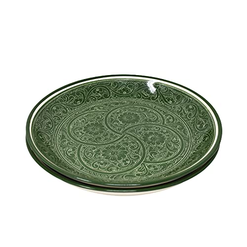 Madacha Set of 2 Rishtan Painted Ceramic Plates - Green - Diameter 24.5 cm - Handmade - Uzbekistan