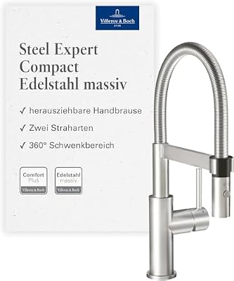 Villeroy & Boch Steel Expert Compact grifería de cocina, alta presión, con función de conmutación y desagüe orientable, grifo de fregadero de bajo consumo, altura del caño 143 mm, acero inoxidable
