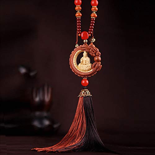 FengShuiGe Boxwood Inlay Dragon Spit Bead Buddha Statue Lucky Interiors Car Pendant Decoration (Sitting Lotus Guanyi)