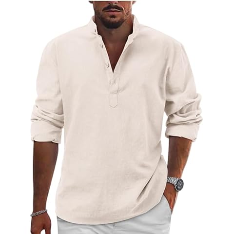 Causal Men’s Regular Fit Linen Henley Shirts Long Sleeve Shirt Lightweight Beach Tropical Top Beige Cover
