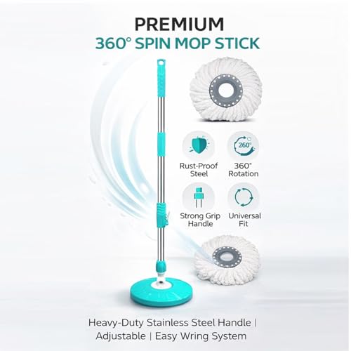 Image of Premium 360 Spin Mop Stick Rod with Stainless Steel Handle | Adjustable & Extendable Mop Handle | Heavy Duty Rust-Proof Floor Cleaning Rod Compatible with Spin Mop Refill - 4 Refill