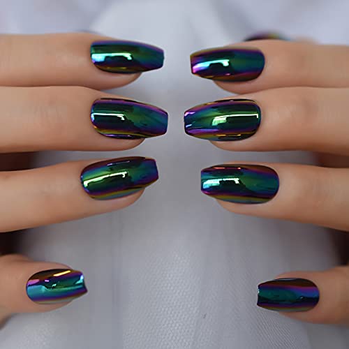 Ladgbp Press On Nails Medium Coffin Black Jade Green Chrome Full Cover Fake Nail Mirror False Nails Pre-Design For Women Girls Manicure For Festival Band Party 24 Pcs #TOP1