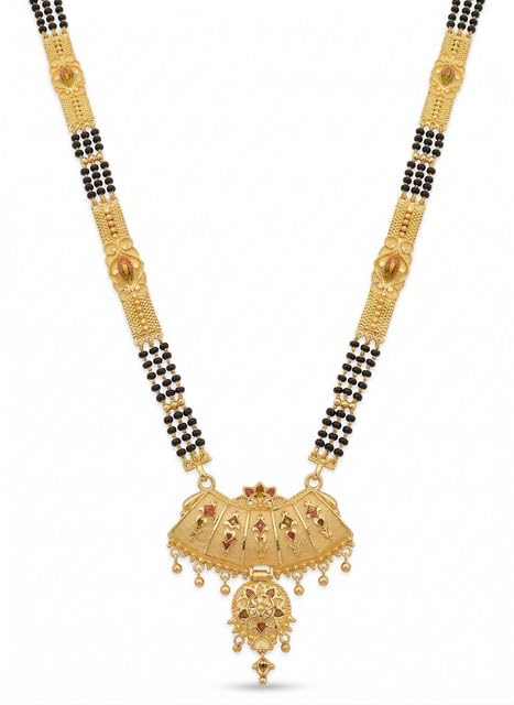 Traditional Gold Plated Triple Strand Mangalsutra for Women, Heavy Temple Jewelry Statement Pendant with Meenakari Work, Ethnic 3-Line Black Beaded Bridal Necklace