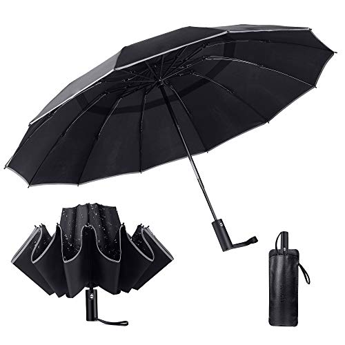 Luxtude Travel Compact Reverse Umbrella, 12 Ribs Heavy Duty Inverted Umbrellas, Double Vented Windproof umbrella with Reflective Stripe and Teflon, Automatic Folding Portable for Men and Women (Black)