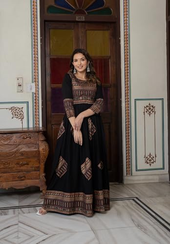 Image of Daevish New Gold Printed 3 /4 Sleeves Flared Maxi Length Dress for Women & Girl's | Maxi Dress for Women | Women Flared Dress