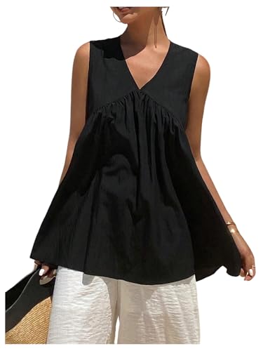 SweatyRocks Women's Summer Ruffle Tank Tops Sleeveless V Neck Loose Flowy Tunic Shirts