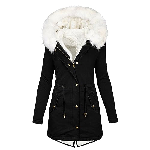 Womens Winter Coats for Women Hooded Fleece Lined Jacket Warm Padded Coat with Faux Fur Trim Hood Warm Outdoor Hooded Outerwear Elegant Parka Coat with Fuffly Hood