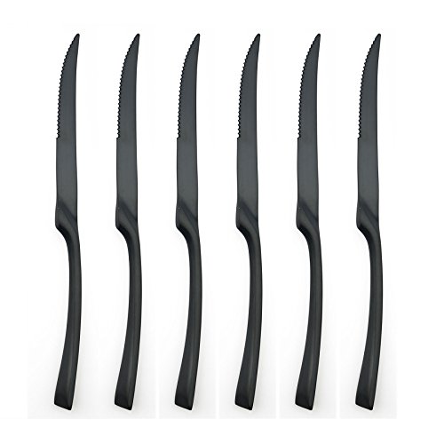 BRIIEC 6 Pieces Matte Black Serrated Steak Knife Set, 18/10 Stainless Steel Flatware Set