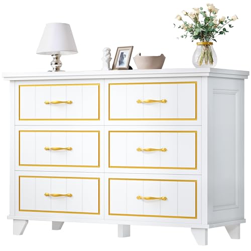 DWVO Farmhouse Wooden Dresser TV Stand with Power Outlet, 6-Drawer Dresser with Large Storage Drawers and Bar Handles, Ideal for Living Room, Hallway, 47.2' L x 15.7' W x 33.4' H - White & Walnut