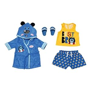 BABY born Bath Deluxe Bademantel 43cm - Puppenkleidung für 43 cm Puppen, Bade-Set in blau gelb bestehend aus Bademantel, Shirt, Shorts und Badelatschen 832011, Zapf Creation