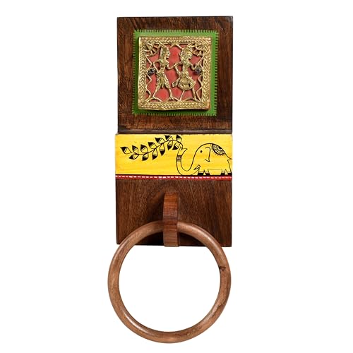 Image of Aakriti Art Creations Art Fusion Wooden Towel Holder | Yellow Elephant Towel Hanger | Handcrafted Dhokra Madhubani Inspired Towel Holder | Matte Finish Natural Wall Mounted