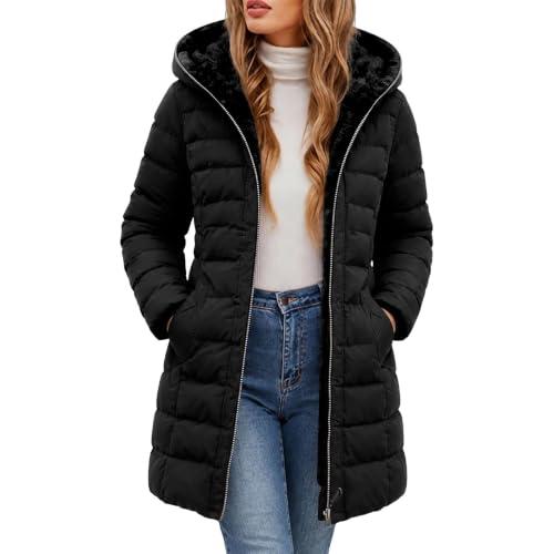 Jamicy Doudoune Femme Hiver Longue Parka Chaud Épaisse Manteau Matelassé Chic Manteaux Tendance Confortable Blouson Classiques Veste Zippé avec Poche Haut Couleur Unie Vetement Noir L