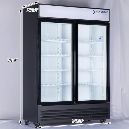 Image of Commercial Beverage Refrigerator Display Fridge,Two Glass Door Upright Merchandiser Drink Cooler with LED Light Adjustable Shelves,46 Cu Ft,ETL Sanitation,(Wheels Included)
