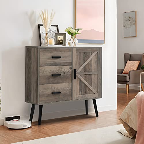 Weenfon Storage Cabinet With 3 Drawers & Barn Door, Mid Century Floor Cabinet With Adjustable Shelf, Buffet Cabinet, Wooden Accent Cabinet For Living Room, Bedroom, Dining Room, Rustic Oak #TOP3