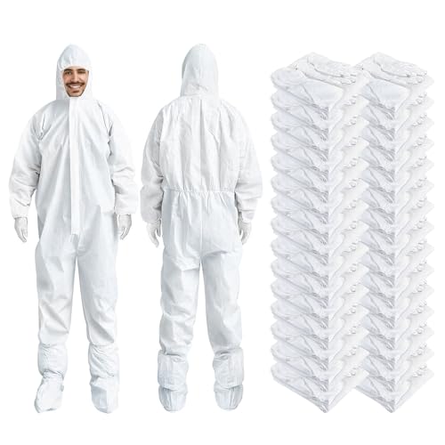30 Pack Heavy-Duty Disposable Spray Painted Protective Clothing Set - Hooded Jumpsuit with Elastic Cuffs + Shoe Covers + Gloves (Unisex, White, Size L) by VEGXPET - Image 8