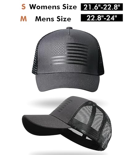spxkd American Flag Trucker Hat,USA Hat for Men Women Snapback Baseball Cap Adjustable Breathable Mesh Side Durable Hats Outdoor (US, Alpha, Medium, 2 Pcs Light Grey and Dark Grey)