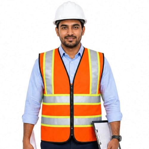 Image of VRITRAZ Unisex High Visibility Reflective Safety Vest | Multi-Pocket Safety Workwear Jacket for Construction Workers, Engineers, Security Guards, Factory & Road Safety Use