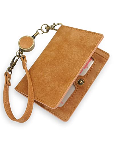 [Pretimo] パスケース 定期入れ リール付き 中がみえない 二つ折り レザー 手触りがいい 起毛素材 茶色