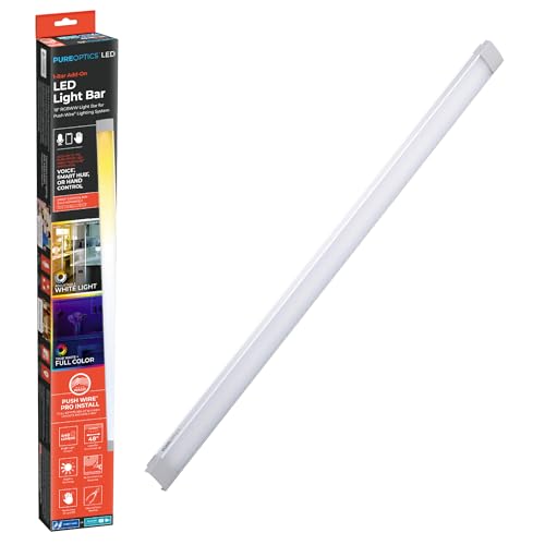 Image of PureOptics LED Professional Push Wire Under Cabinet Light Bar, Add-on, Plug-in or Hardwire Compatible, Adjustable White and RGB LED, for Kitchen, Utility Light, Closets, Garage, Pantry, (1) 18 inch Bar