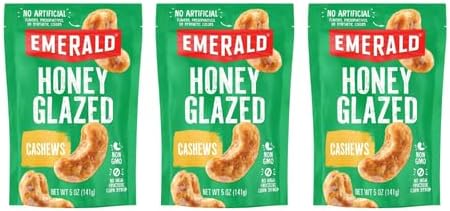 Emerald Cashews, Glazed Nut Snack, Sweet and Crunchy Cashews, Protein Snack, Resealable Bag, Honey Glazed Cashews, 5 Ounce (Pack of 3)