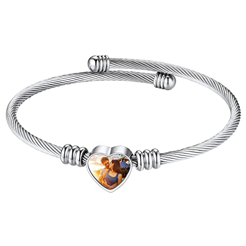 Custom4U Personalized Picture Bracelets for Women - Custom Locket/Charm Cuff Bangle Bracelet - Engraved Inspirational Memorial Jewelry Birthday Mothers Day Gift for Her Mom Wife 1.0-Silver C