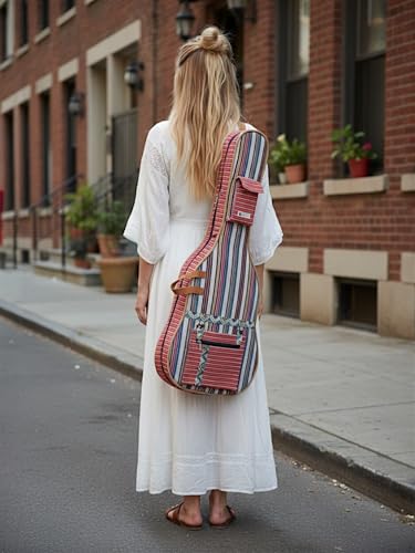 Image of The House of tara Ethnic Handloom Fabric Acoustic Guitar Bag Cover for Men and Women | Modern Guitar Case |100% Cotton Lining | Adjustable Straps | Padded Protection | Zip Pockets | Multicolor