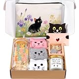Cat Lover Gifts for Women, Cat Gifts for Women, Cat‘s Themed Gift for Christmas Mothers Day Birthdays, Funny Gift for Cats Lovers for Crazy Cats Lady Mom Daughters with Glass Cup Scented Candle Socks