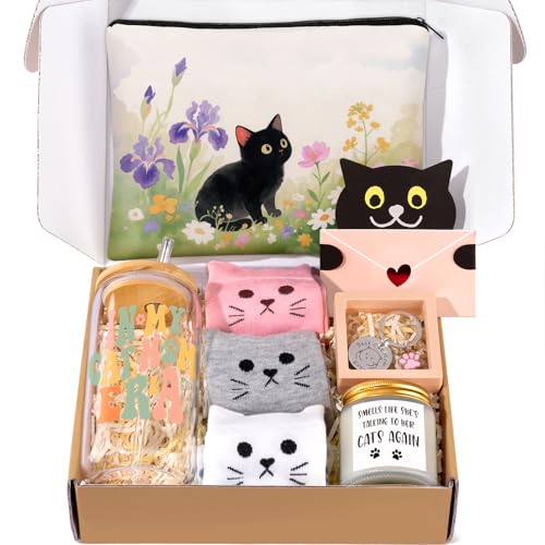 Cat Lover Gifts for Women Cat Gifts for Women Cats Themed Gift for Christmas Mothers Day Birthdays Funny Gift for Cats Lovers for Crazy Cats Lady Mom Daughters with Glass Cup Scented Candle Socks
