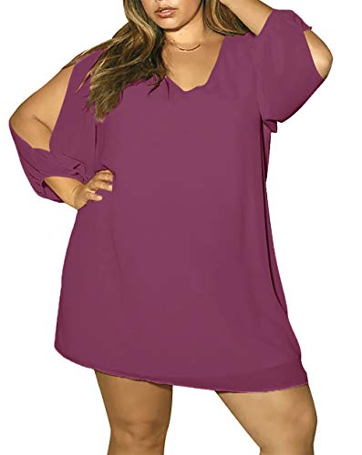 Jusfitsu Shift Dress For Women Chiffon Cold Shoulder Loose Fitting Skirt V Neck Sheer Sleeve Wedding Party Dress Purple L #TOP1