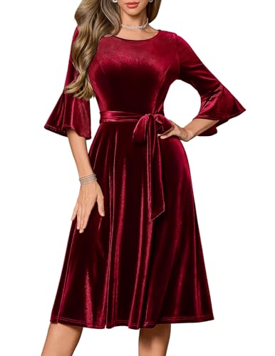 Emerald Velvet Dresses for Women with Long Sleeve Fall Wedding Guest Dresses Red Velvet Midi Dress for Women Formal Christmas Party Velvet-DarkRed XL