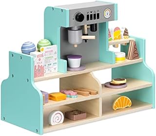 Navaris Kids Wooden Toy Cafe - Coffee Shop Play Set for Children with Wood Pretend Food, Coffee Machine, Mugs, Counter Accessories for Girls Boys 18M+