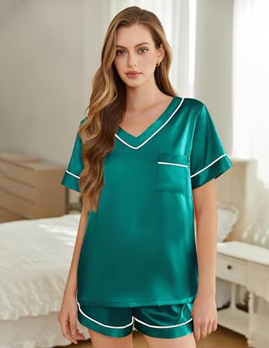 Image of Silk Pajamas for Women Short Sleeve Satin 2 Piece Pj Set Soft V Neck Sleepwear Loungewear, S-XXL