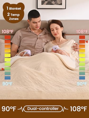 Image of Bearhug Electric Blanket King Size with Dual Controls, 10 Heat Levels & 1-12H Auto Shut-Off, Fast Heating Soft Velvet to Sherpa Heated Blanket for Couples, Machine Washable, Beige