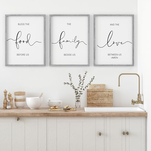 Heiple Set of 3 Framed Farmhouse Bless The Food Before Us Sign Kitchen Wall Decor for Dining Room Decor Wall Art Wood Signs (Gray,11'x14')