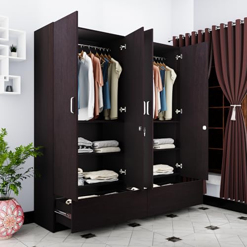 Image of VIKI Wardrobe | Wooden Almirah for 4 Door Wardrobe with 2 Split Drawer & Hanging Space with Mirror (Dark Wenge - 40D x 160W x 180.8H) | 1 Year Warranty | Free Assembly