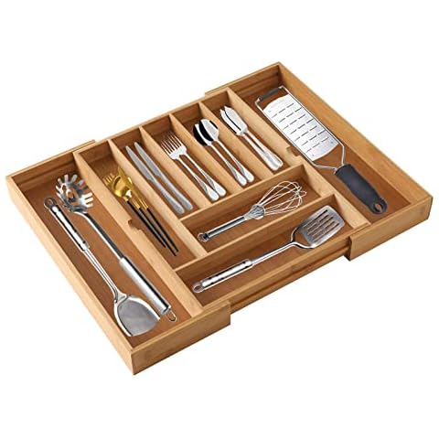 PENGKE Bamboo Kitchen Drawer Organizer for Utensils Holder,Expandable Cutlery Tray with Divider,Silverware Flatware Storage and Removable Knife Block,7 - 9 Slot Cover