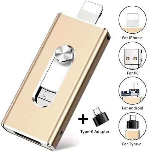 4 in 1 2TB Flash Drive, Micro USB + 8 Pin + USB 3.0 4 in 1 Mobile Phone Computer U-Disk, No WiFi, No Cables, with Type-C Adapter for Android Phones/Pc and More Device (Black, 1TB) - 4