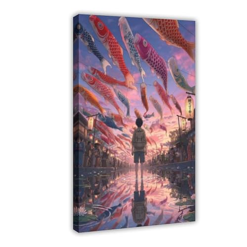 Poster japonais pour chambre zen : toile carpe et coucher de soleil chaleureux