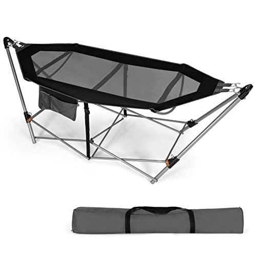 GYMAX Amaca Pieghevole Portatile con Tasca Laterale, Lettino da Campeggio in Metallo e Fibbie Anti-ribaltamento, Amaca da Campeggio con Borsa per Giardino, Balcone, Facile da Montare (Nero)
