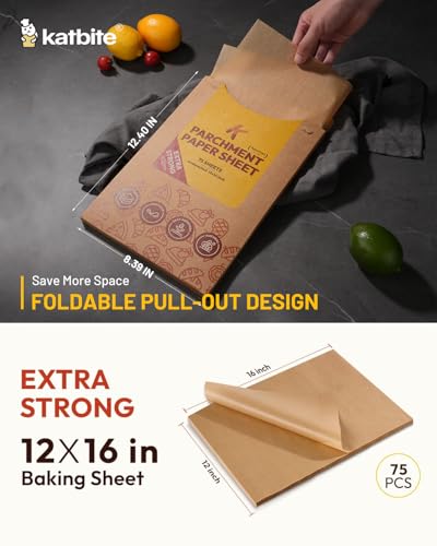 Image of Katbite 75Pcs Unbleached Parchment Paper Sheets 12x16IN, Pre-Cut Heavy Duty Parchment Baking Paper, Non-Stick Half Sheet Brown Baking Parchment Paper for Air Fryer, Baking Cookie [Extra Strong Series]