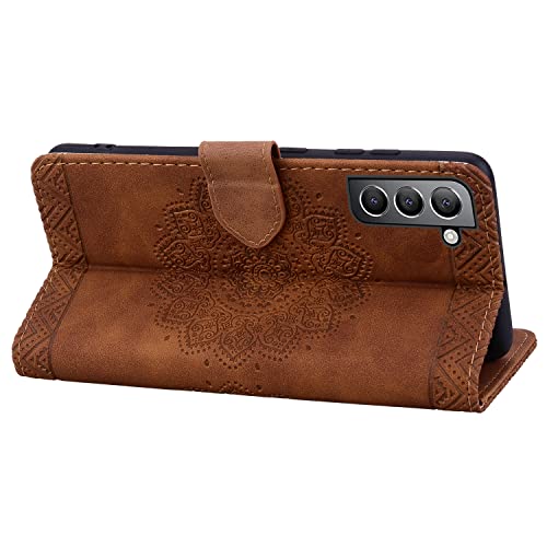 Image of Flip Case for Samsung Galaxy S21 6.2 Inch Cover, Durable PU Leather Mandala Embossed Case with Magnetic Clasp Wallet Phone Cover for Galaxy S21 6.2 inch - Brown